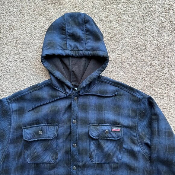 Dickies Jacket Mens XL Button Up Fleece Lined Blue Black Hood Pockets Workwear - Picture 5 of 12